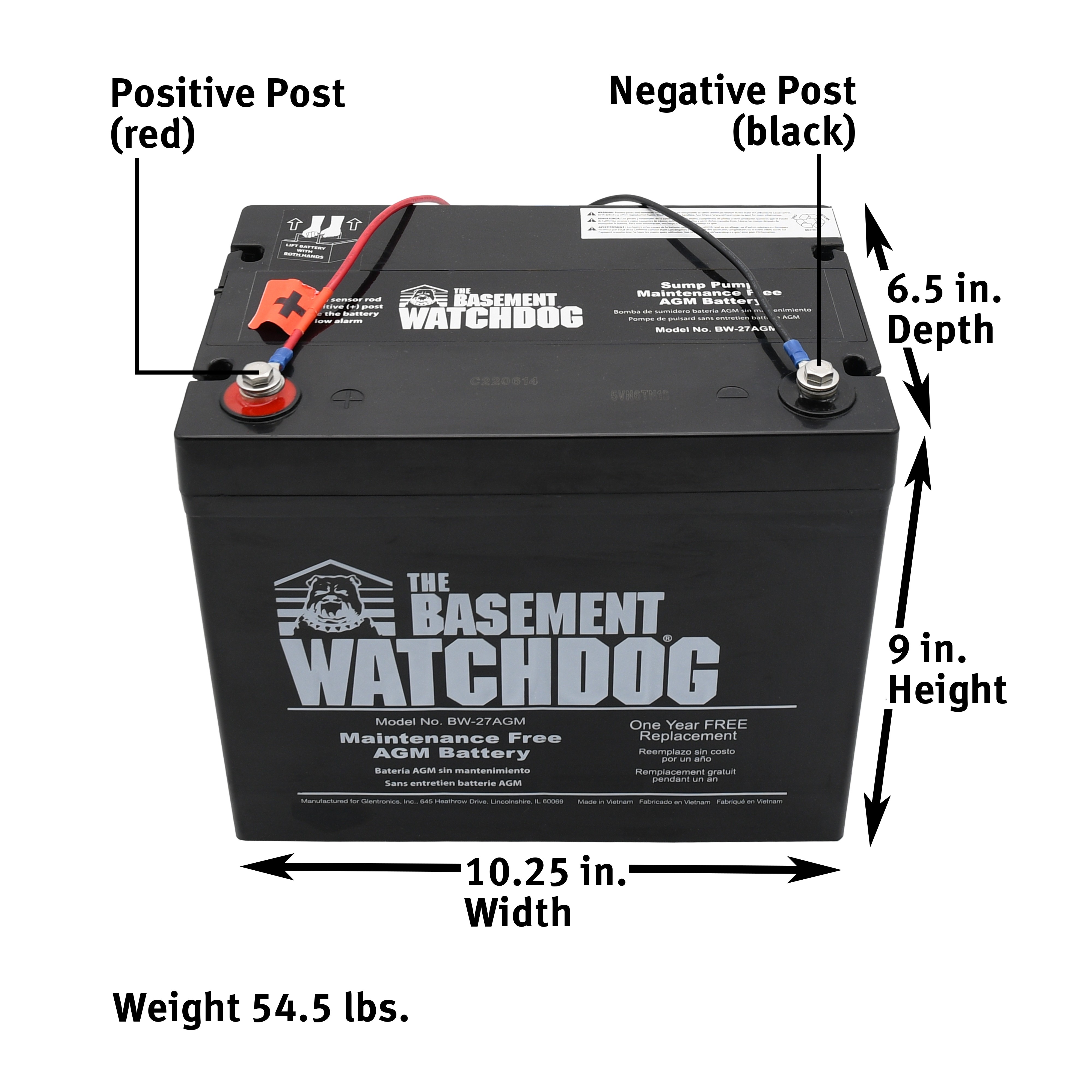 The Basement Watchdog AGM Maintenance-Free Standby Sump Pump Battery with callouts