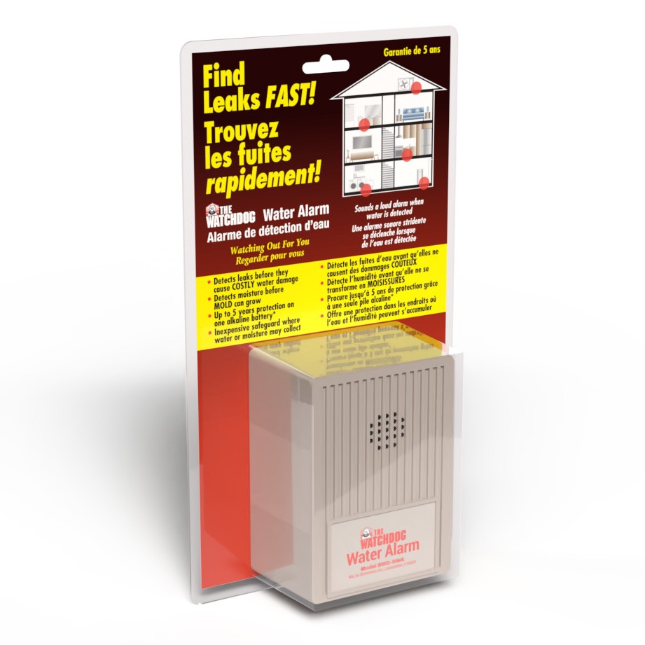 The Watchdog Water Alarm (BWD-HWA) in its clamshell retail packaging