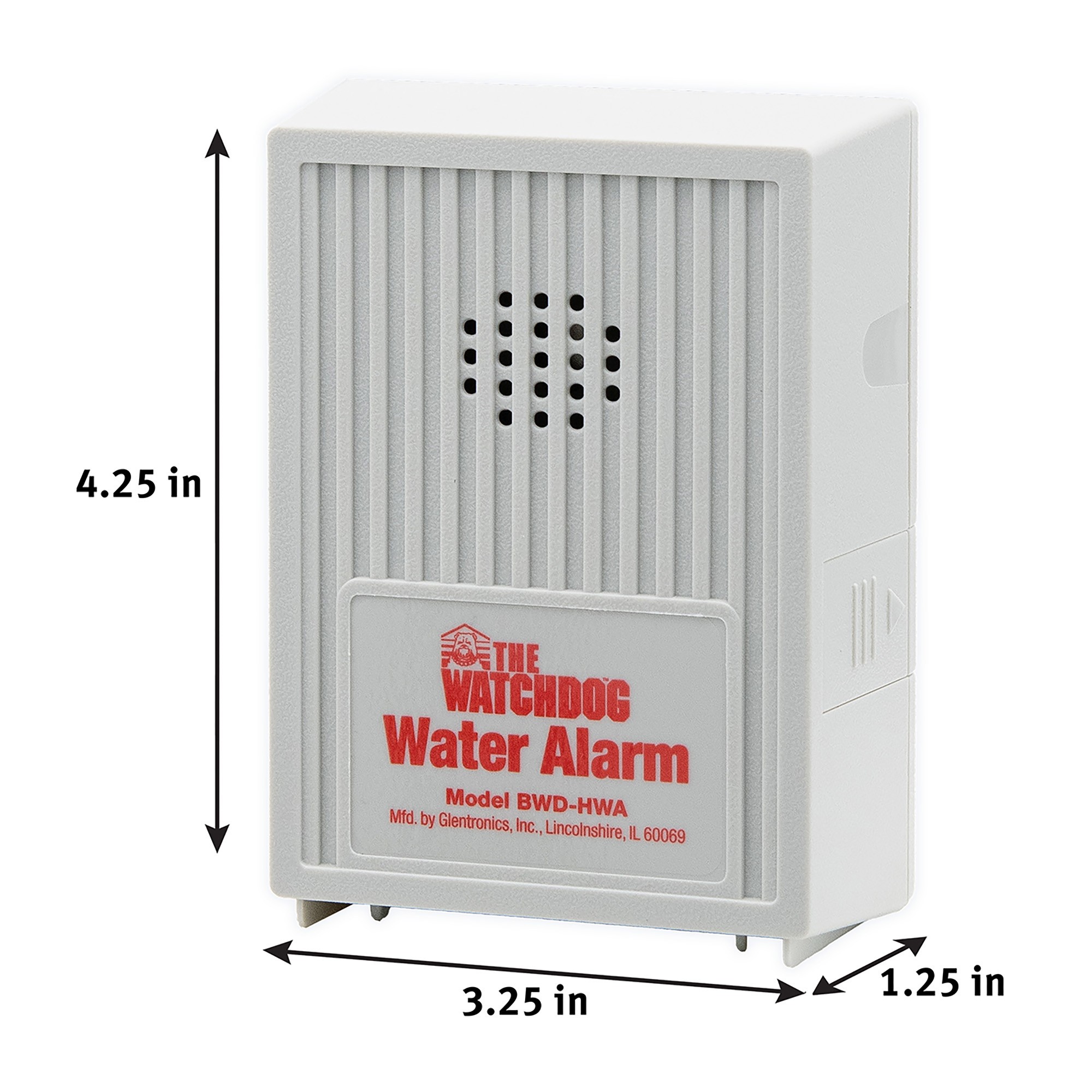 The BWD-HWA water alarm measures 3.25" L x 1.25" W x 4.25" H
