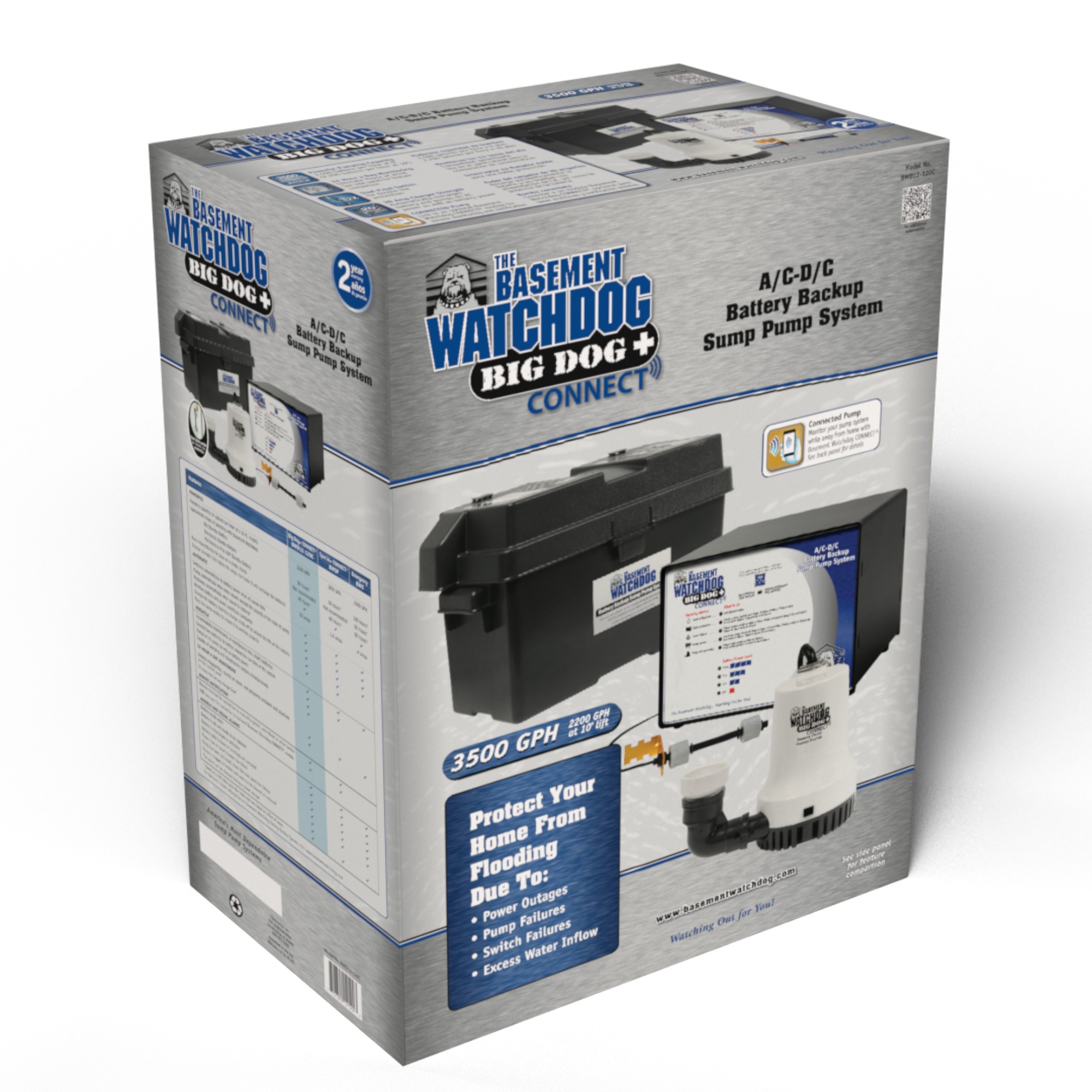 The Basement Watchdog Big Dog CONNECT (BWD12-120C) backup sump pump system in retail carton