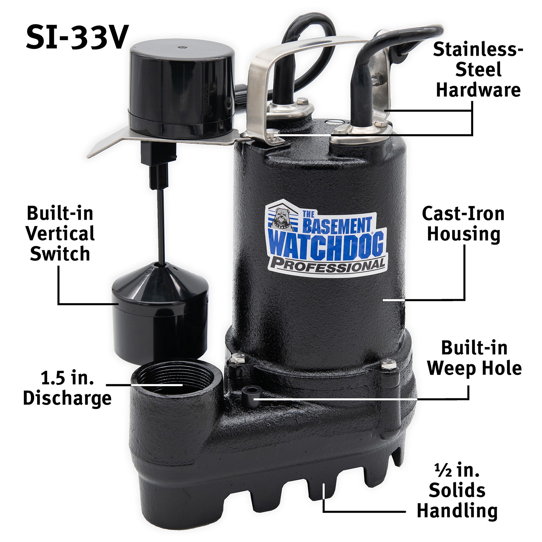 The Basement Watchdog SI-33V Primary Pump with Exterior Callouts