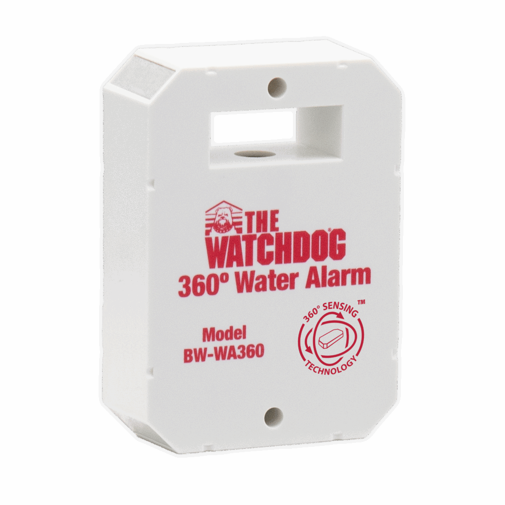The Watchdog 360˚ Water Alarm (BW-WA360) has a patented design which allows it to detect water when placed on any side