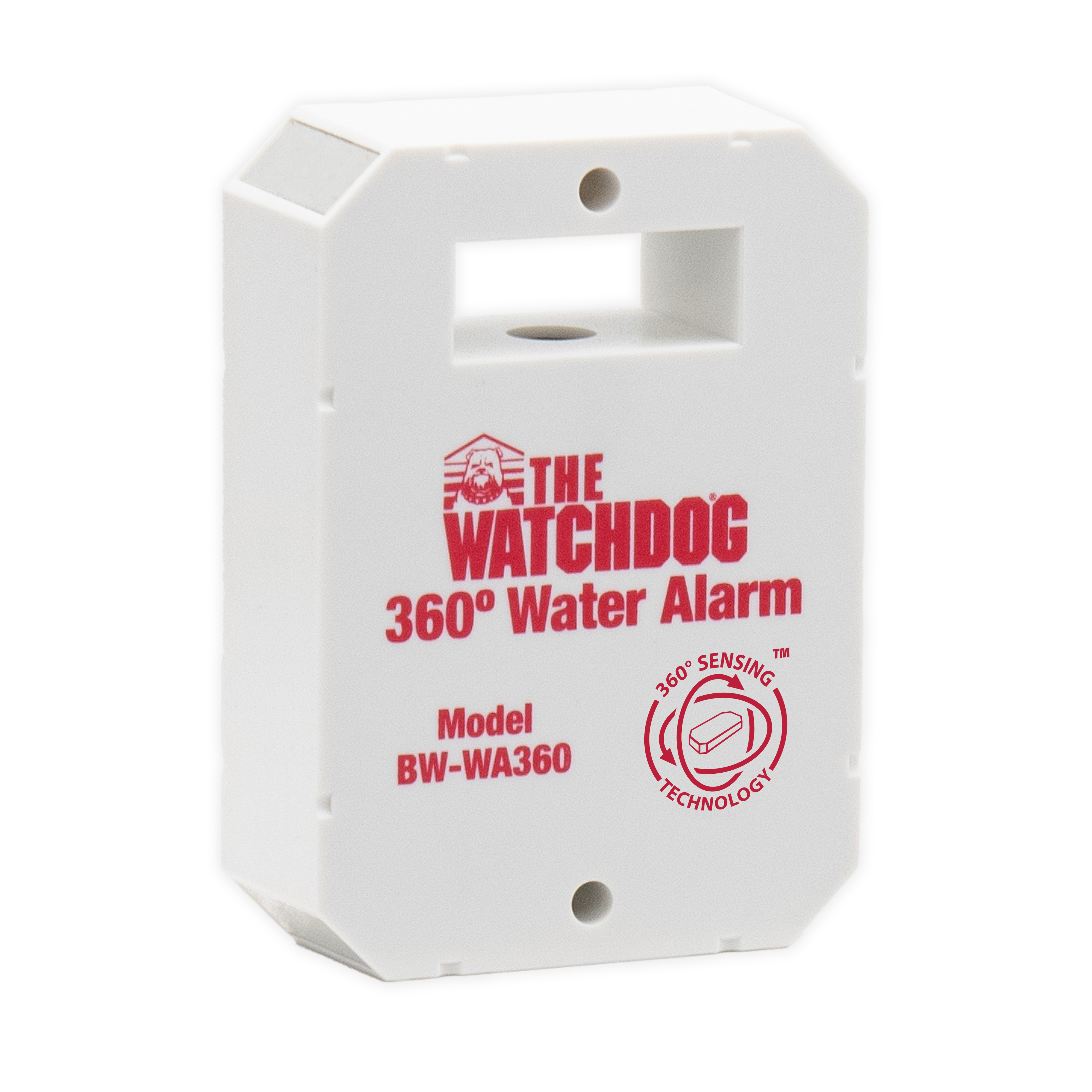 The Watchdog 360˚ Water Alarm (BW-WA360) has a patented design which allows it to detect water when placed on any side