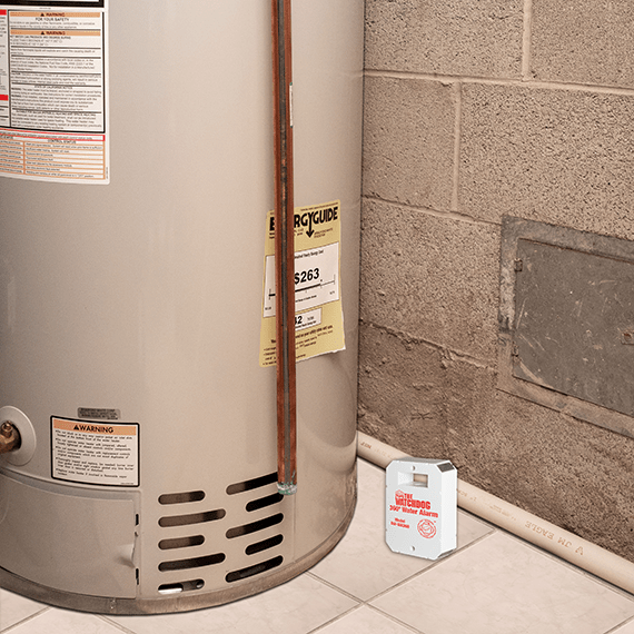 The Basement Watchdog BW-WA360 water alarm used near a hot water tank
