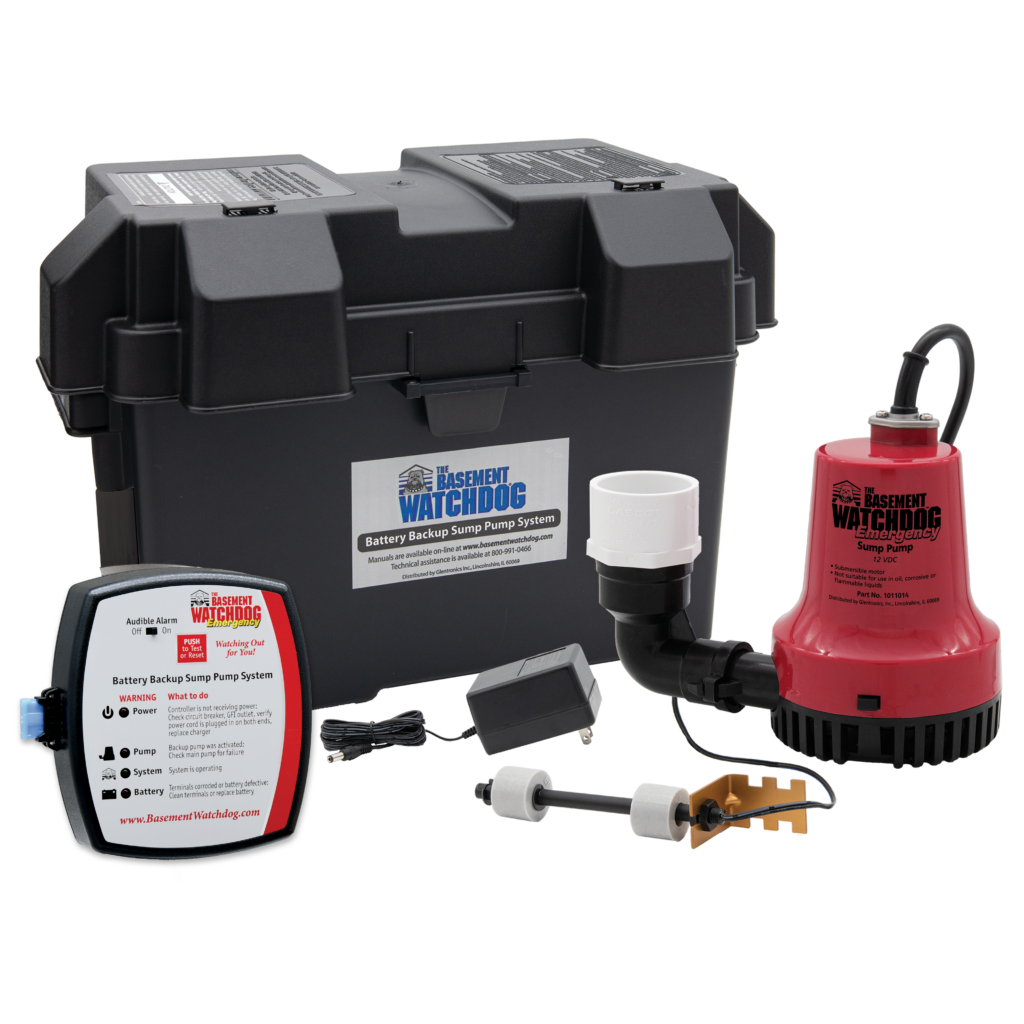 The Basement Watchdog (BWE) battery backup sump pump system with clear pump label and controller with external fuse