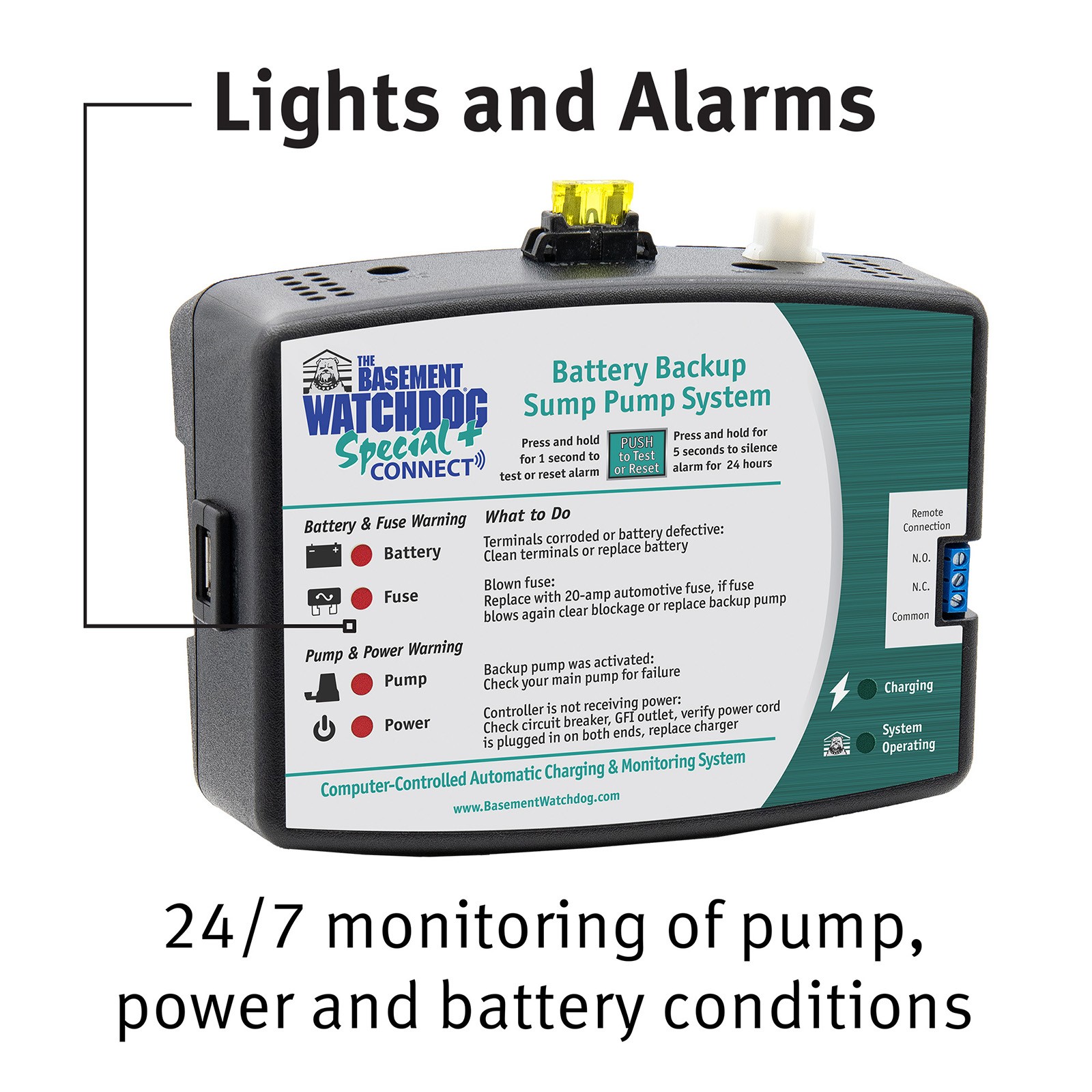 The Basement Watchdog Special (BWSP) controller has lights and alarms and monitors pump, power and battery conditions 24/7