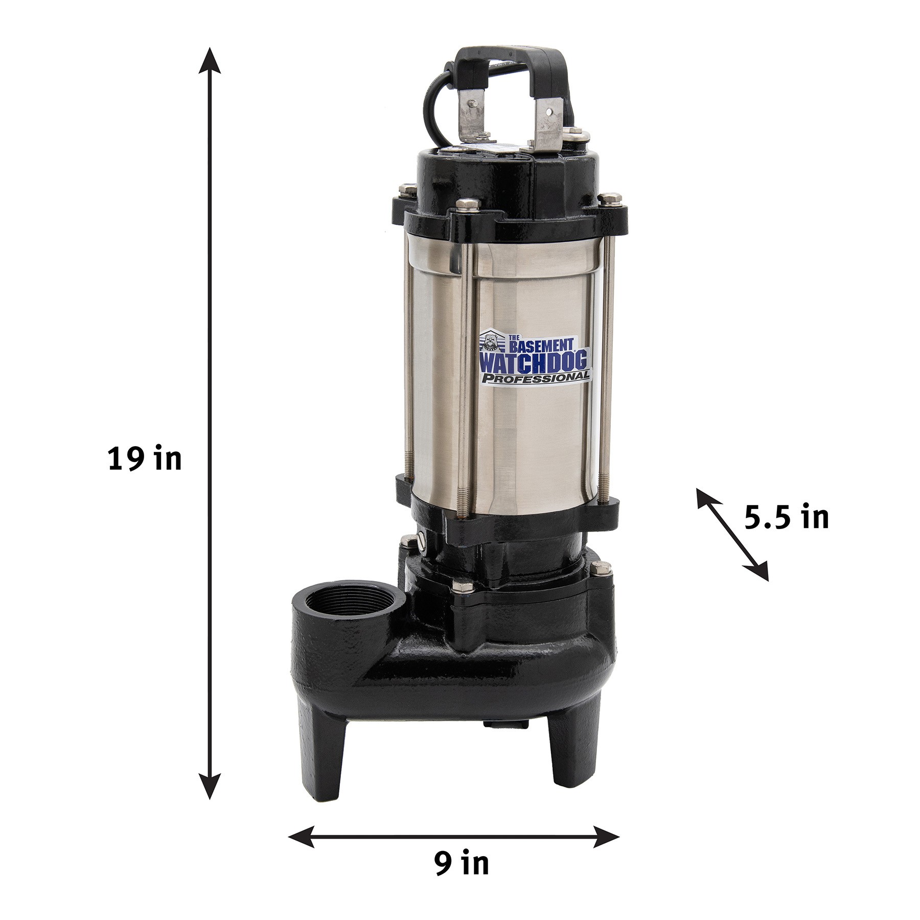 The Basement Watchdog BWSS100 primary sump pump dimensions L 9" x W 5.5" x H 19"
