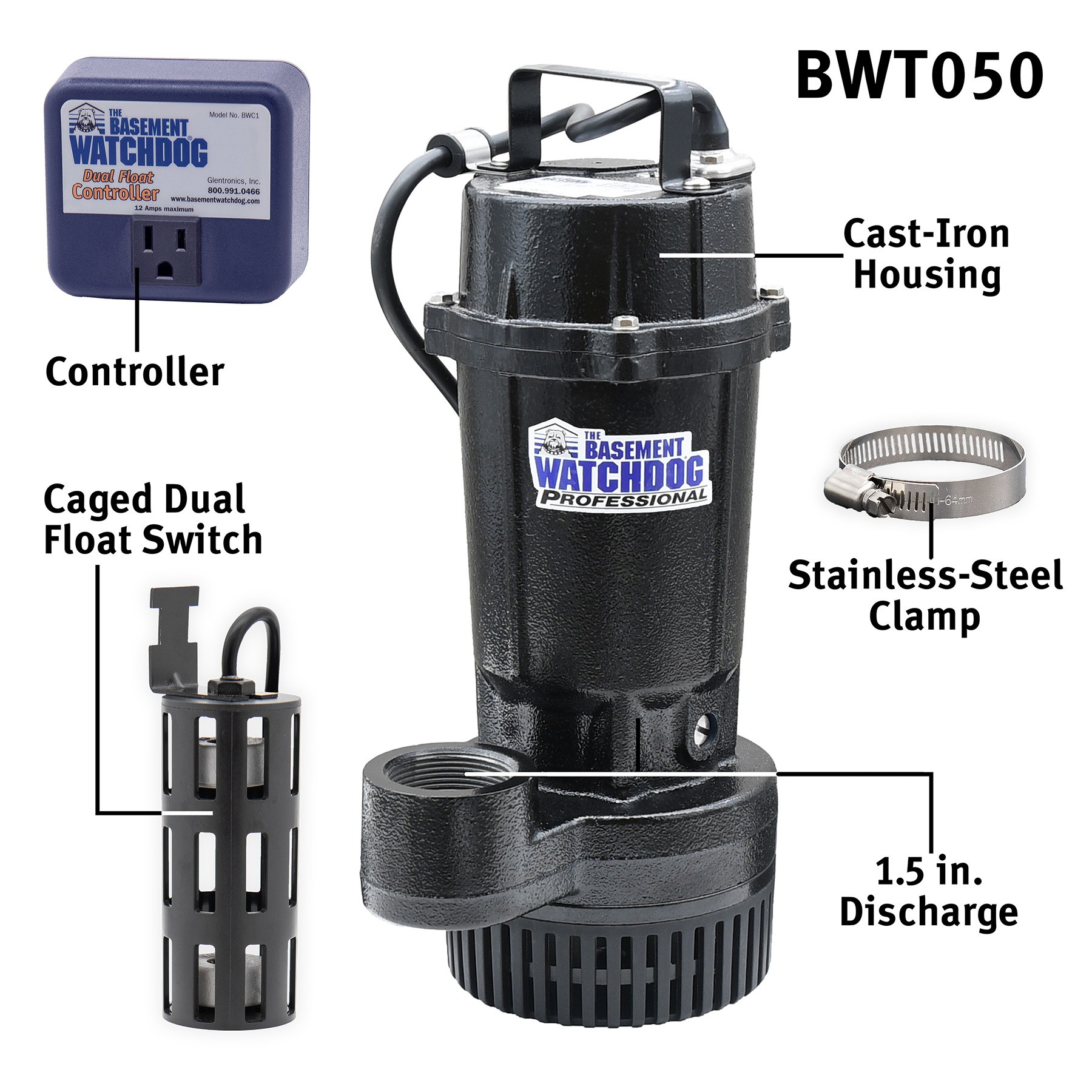 The Basement Washdog BWT050 ½ HP AC Primary Pump with Dual Float Switch and Controller labeled