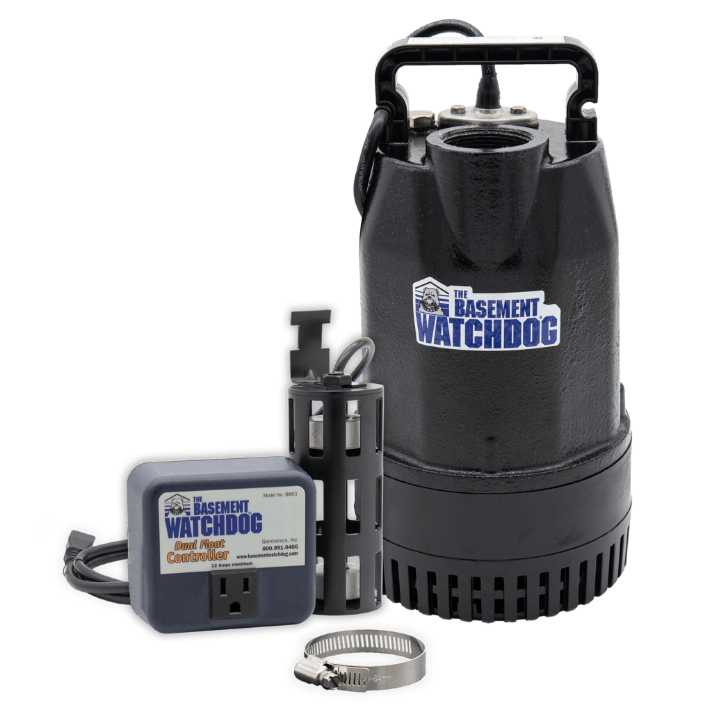 The Basement Watchdog SIT-50D cast-iron top discharge primary pump with caged Dual Float Switch