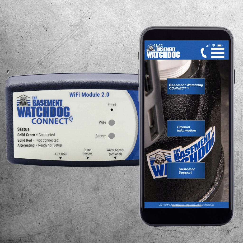 The Basement Watchdog Big Dog CONNECT (BWD12-120) and Special CONNECT (BWSP) battery backup sump pumps and the Big Combo CONNECT (CITS-50) can link to The Basement Watchdog WiFi Module (Model BW-WiFi2, purchased separately) or a home security system, allowing for real-time alerts via text, email, or push notifications.