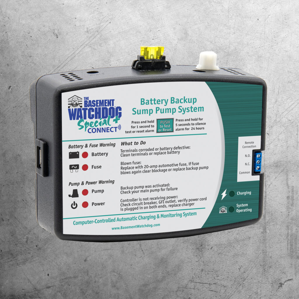 The controller for the Basement Watchdog Special CONNECT (BWSP) provides crucial, 24-hour-a-day monitoring of pump, power and battery conditions