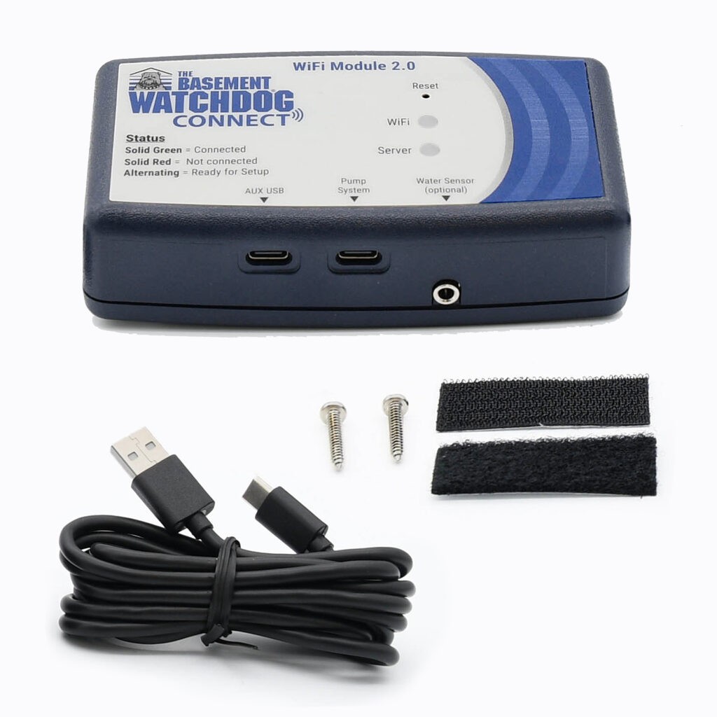 The Basement Watchdog CONNECT® WiFi Module (BW-WiFi2) with all parts that come in the packaging