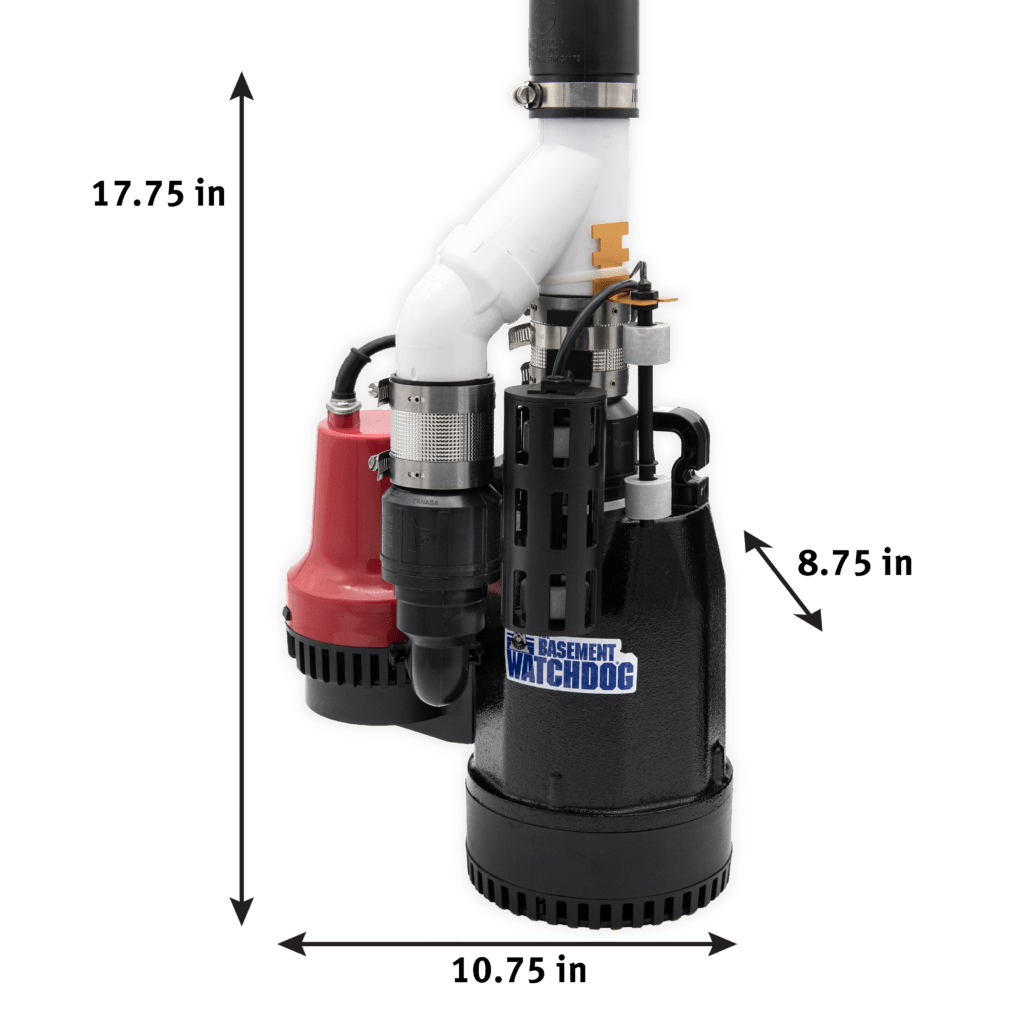 The Basement Watchdog Combo (CITE-33) primary and battery backup pumps system with dimensions The Basement Watchdog BWSS100 primary sump pump dimensions L 10.75