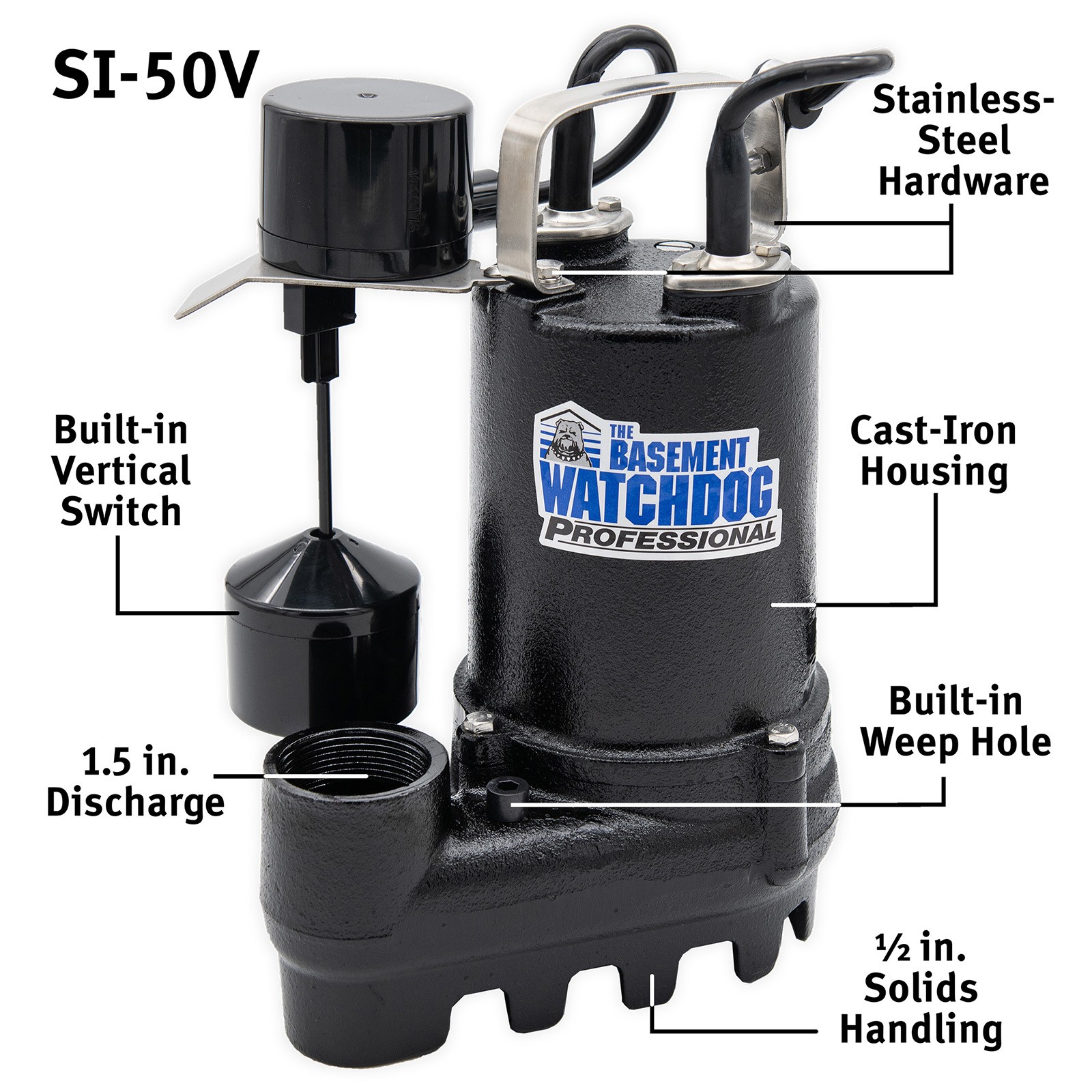 The Basement Watchdog SI-50V AC Primary Pump with labeled exterior parts/features