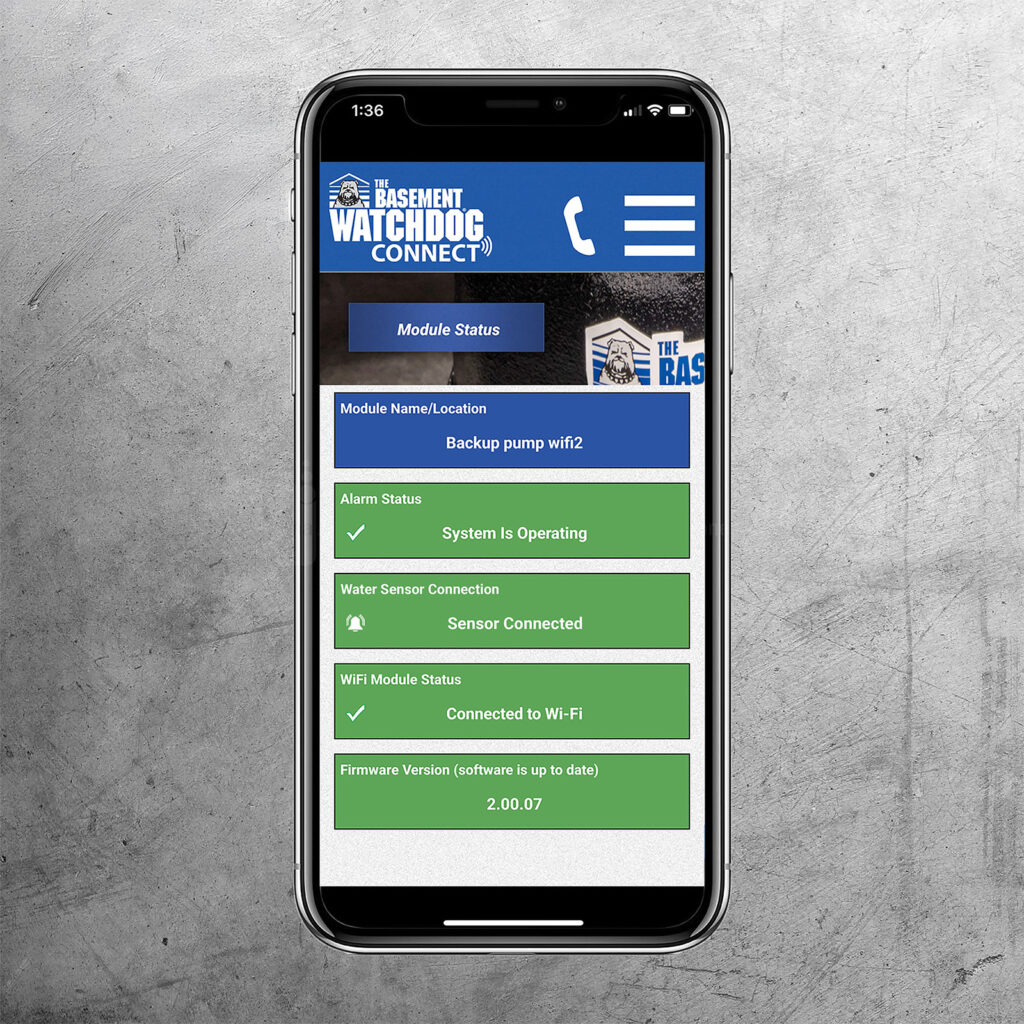 The Basement Watchdog CONNECT® WiFi Module (BW-WiFi2) phone app status screen