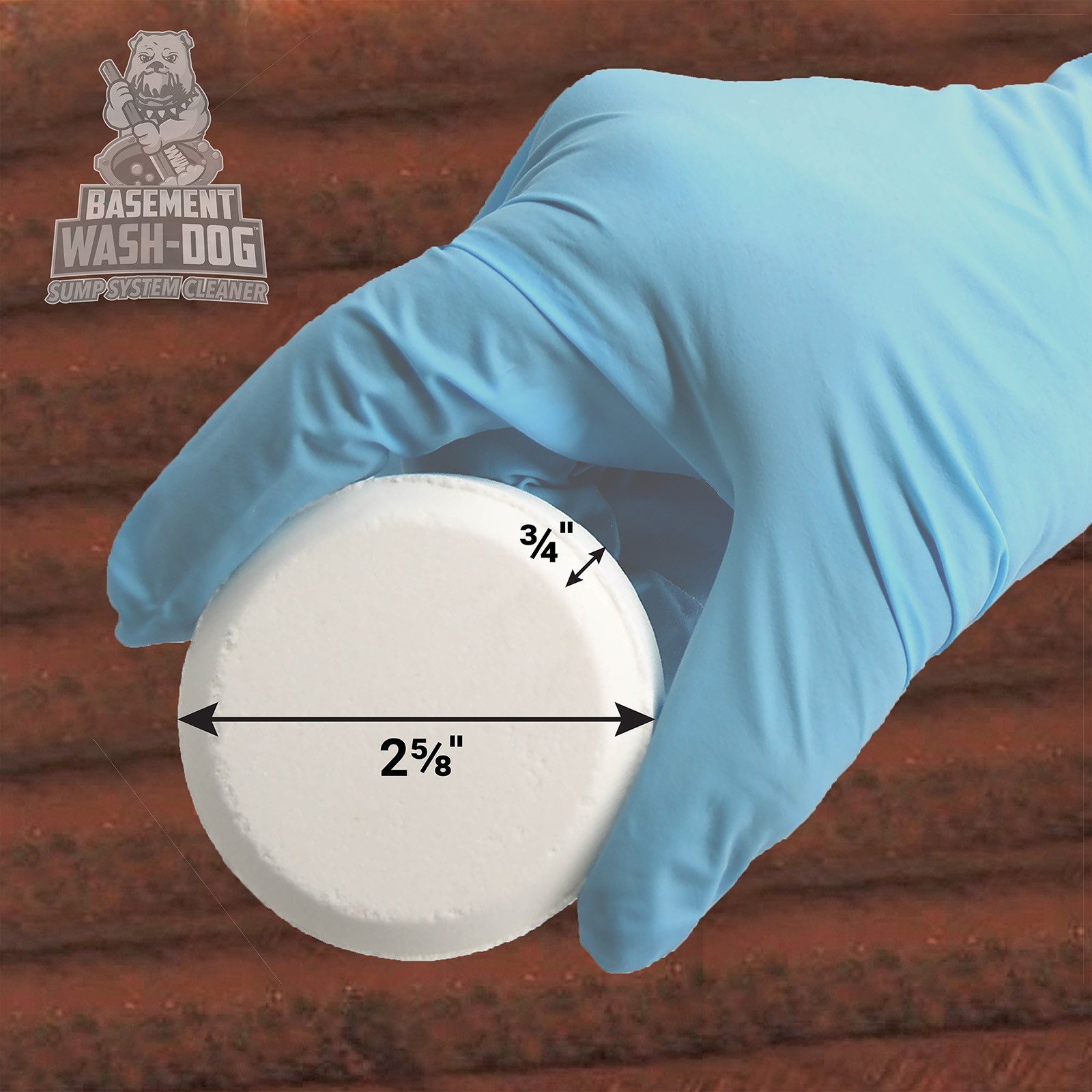Wear gloves to drop the compact Basement Wash-Dog Sump System Cleaner (WDT20) tablets into your sump pit