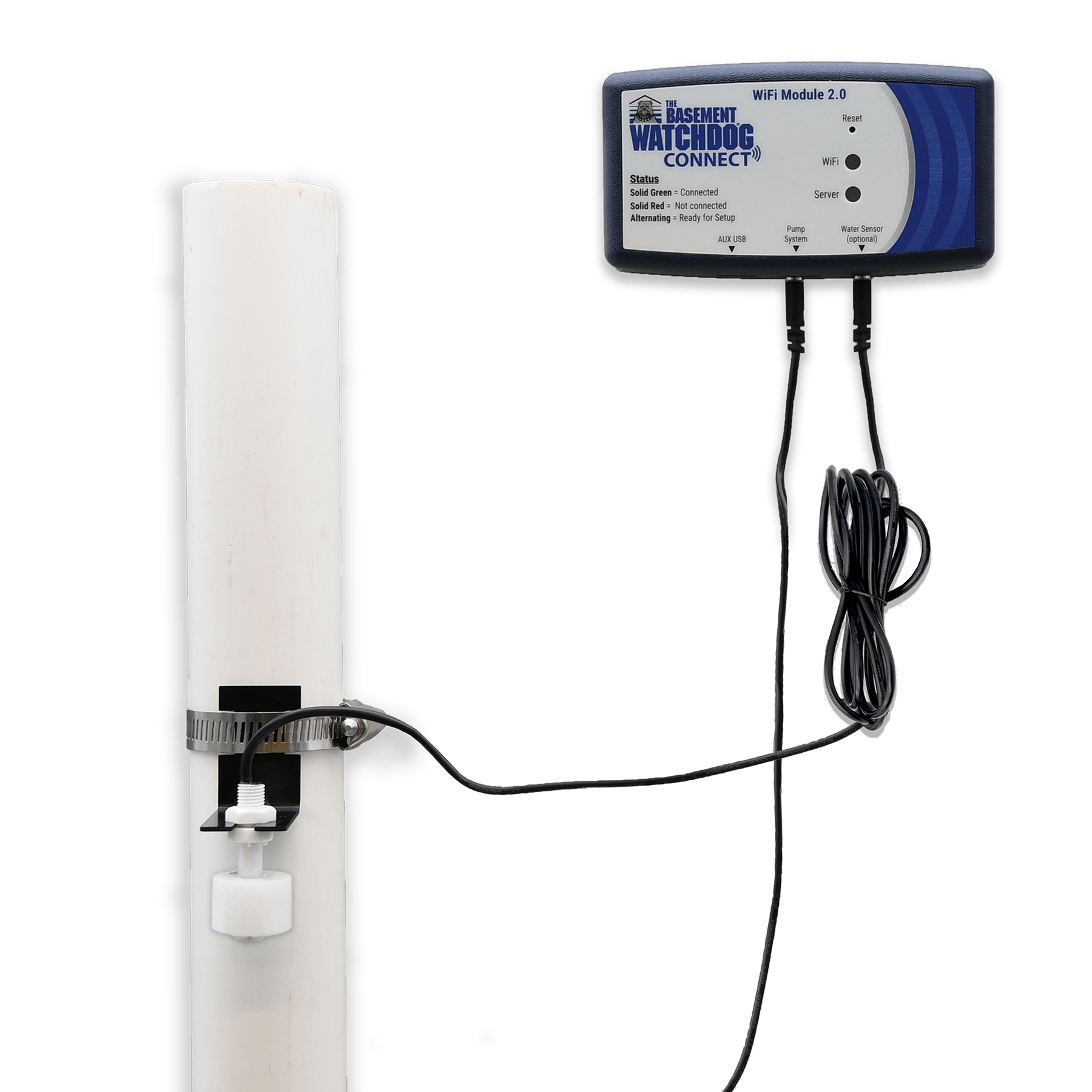 The BW-WS water sensor accessory plugs into the WiFi Module