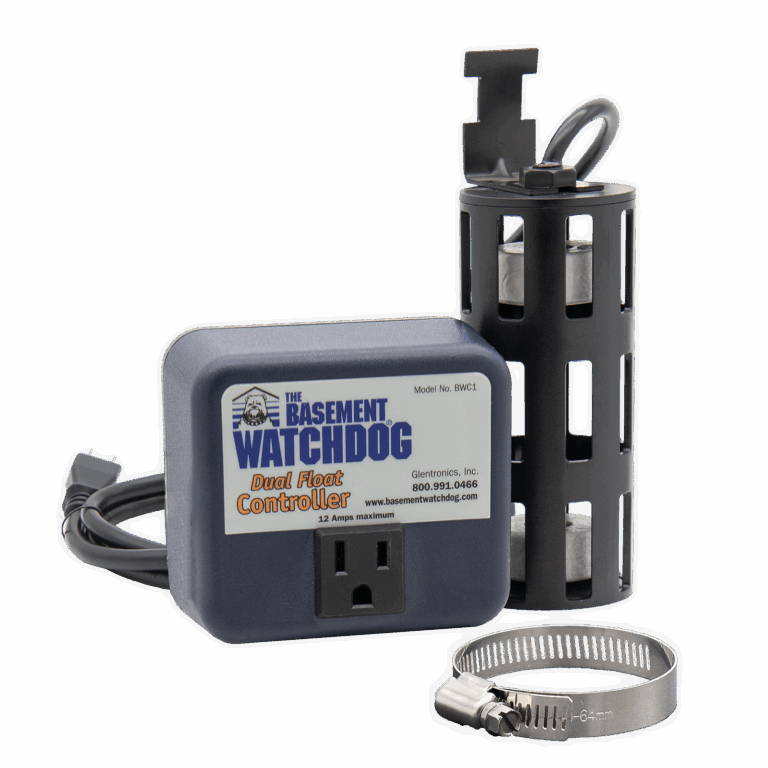 The Basement Watchdog Universal Dual Float Switch & Controller (BWC1) with a stainless-steel hose clamp