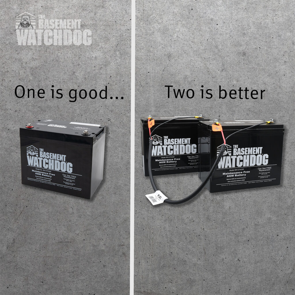 Worried about long power outages? Add a second Basement Watchdog maintenance-free standby battery (BW-27AGM) and hook it up using the Parallel Jumper Cable (PJC)