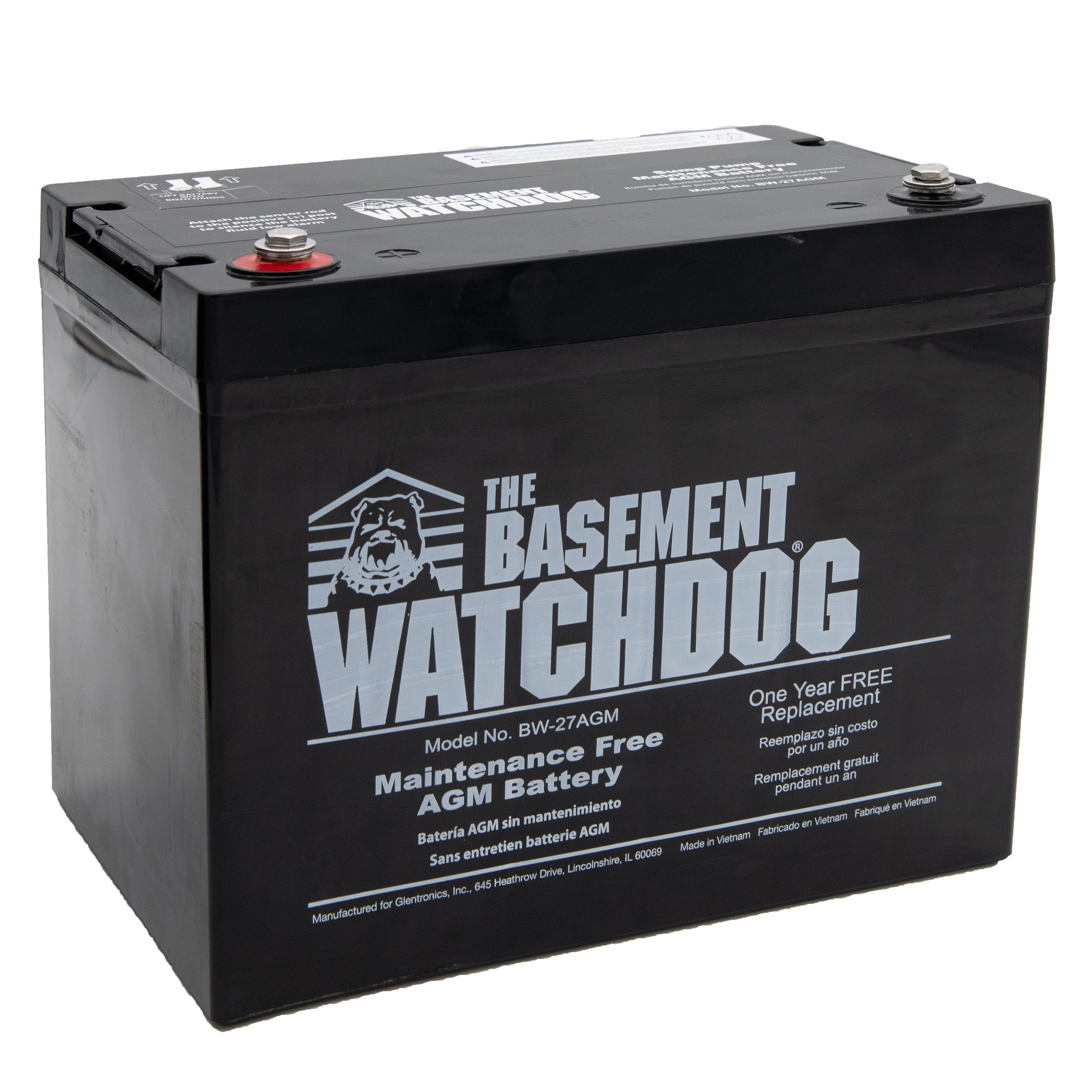 The Basement Watchdog maintenance-free standby battery (BW-27AGM) facing right