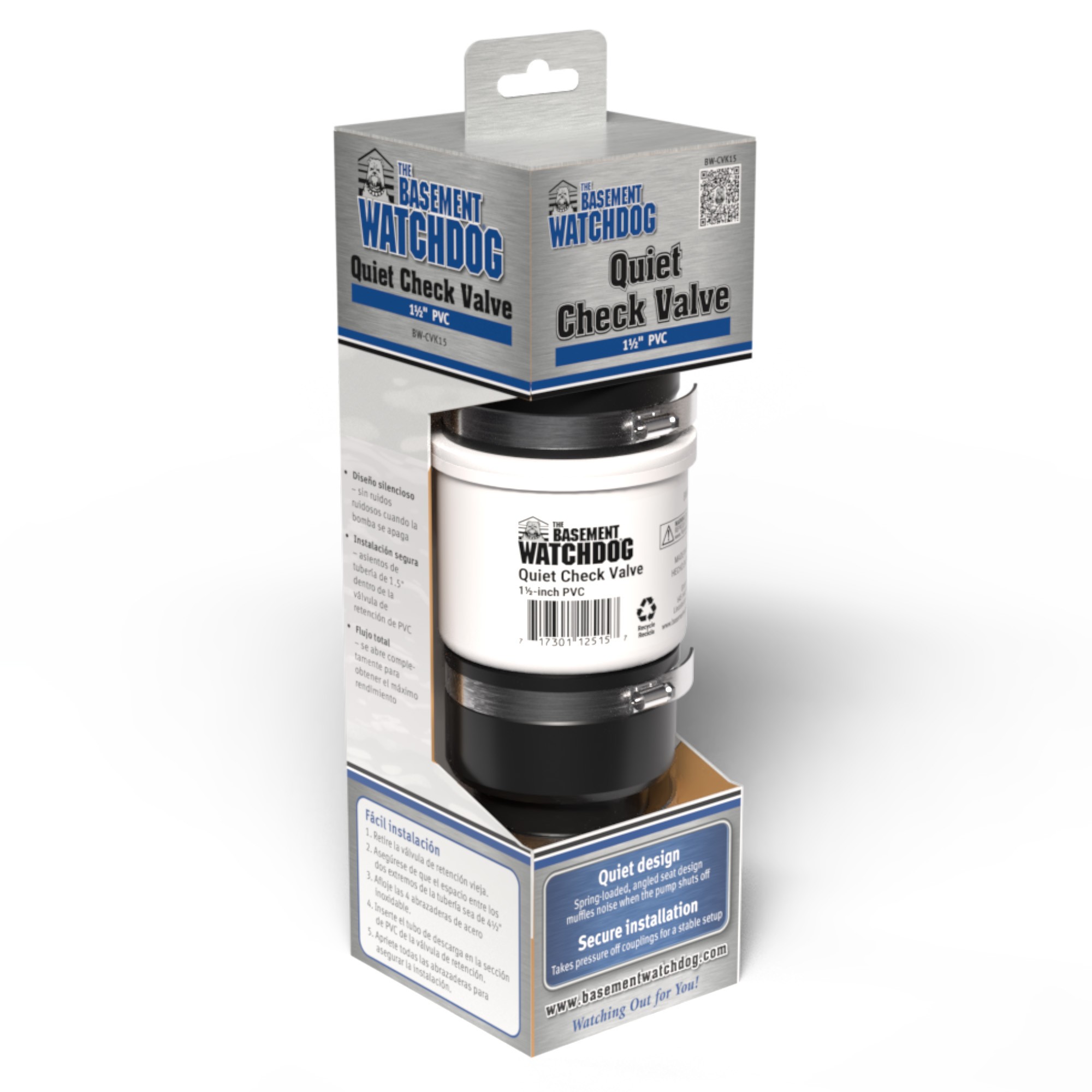 The Basement Watchdog 1.5-inch Quiet Check Valve (BW-CVK15) in retail packaging