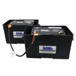 Two Basement Watchdog Maintenance Free AGM Standby Batteries (BW-27AGM), in battery boxes, hooked up using the Parallel Jumper Cable (PJC)