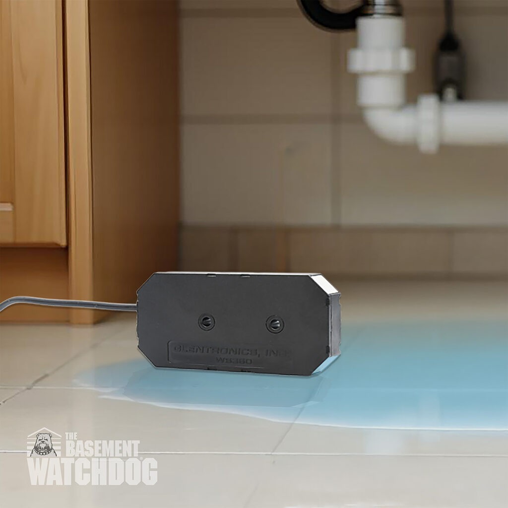 The Basement Watchdog 360° Water Sensor (BW-WA360) laying in ¹⁄₃₂-inch of water on the floor under a sink. Off-image the BW-WS360 is attached to a WiFi Module, to send text, email or push notifications.