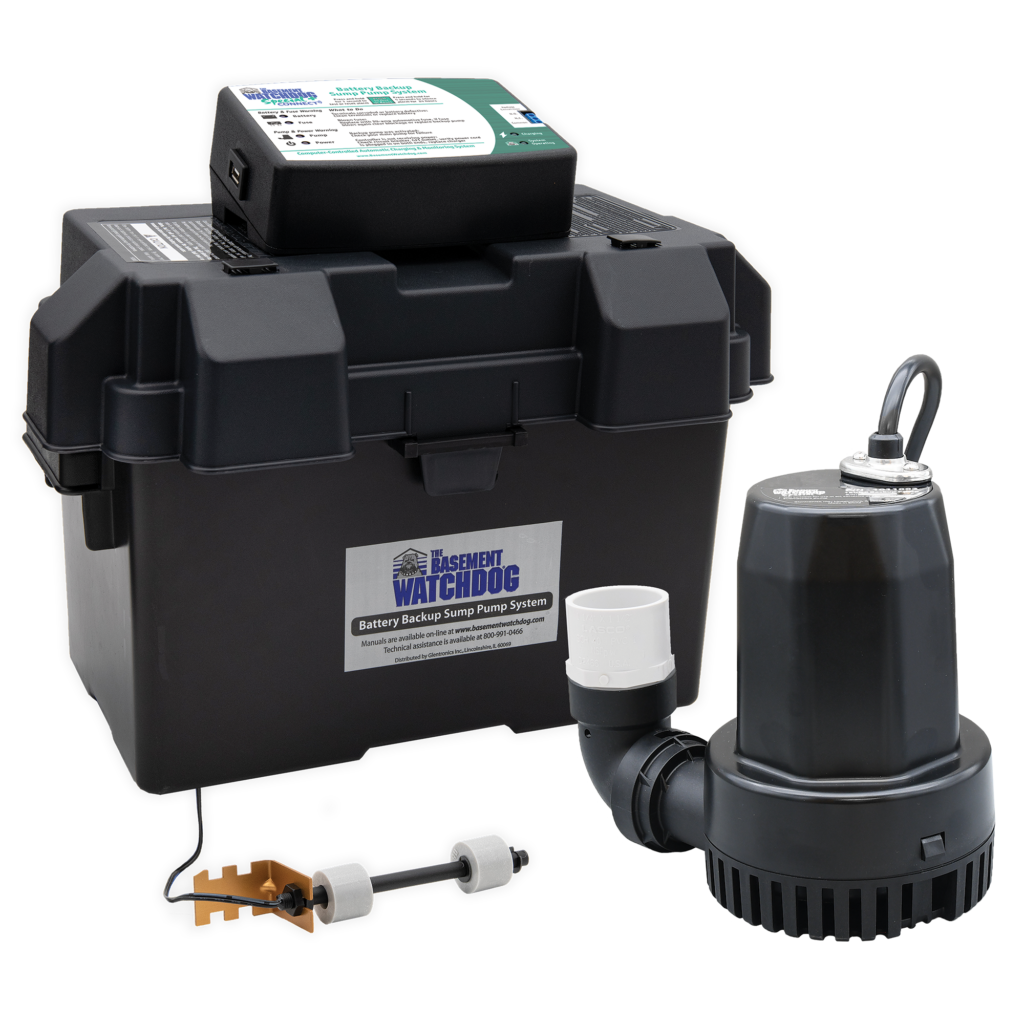 The Basement Watchdog Special CONNECT (BWSP) battery backup sump pump system showing the backup pump, Dual Float Switch, monitor/controller, and battery box