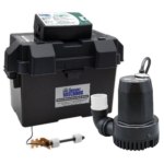 The Basement Watchdog Special CONNECT (BWSP) battery backup sump pump system showing the backup pump, Dual Float Switch, monitor/controller, and battery box