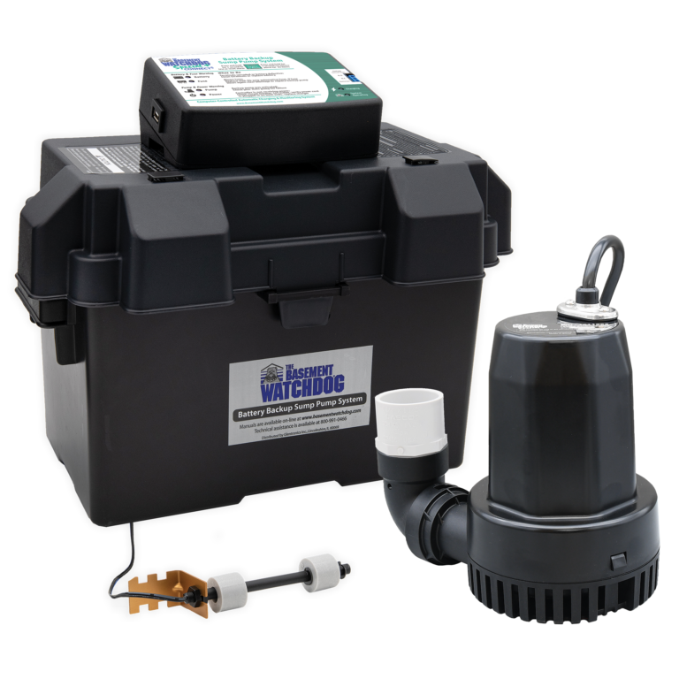 The Basement Watchdog Special CONNECT (BWSP) battery backup sump pump system showing the backup pump, Dual Float Switch, monitor/controller, and battery box